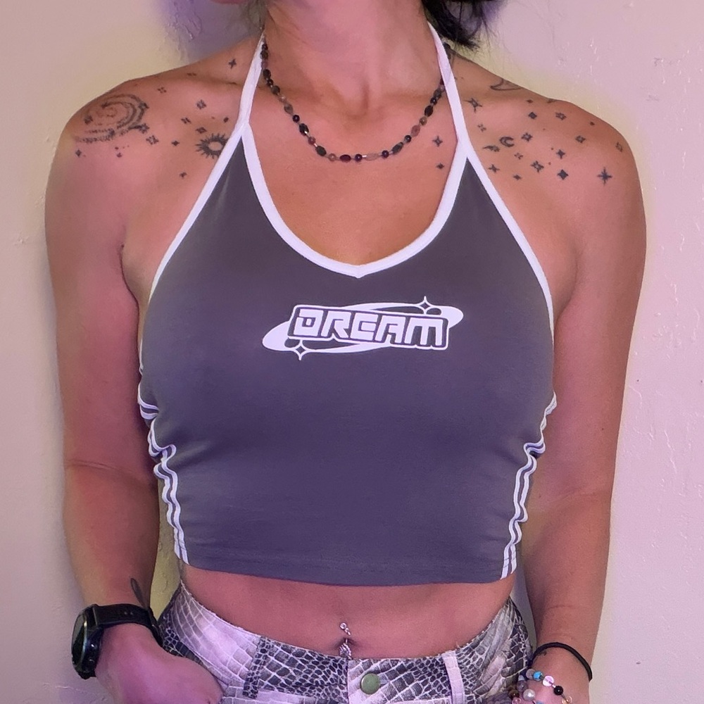 Dream Y2k Halter Crop Top in Charcoal Gray & White